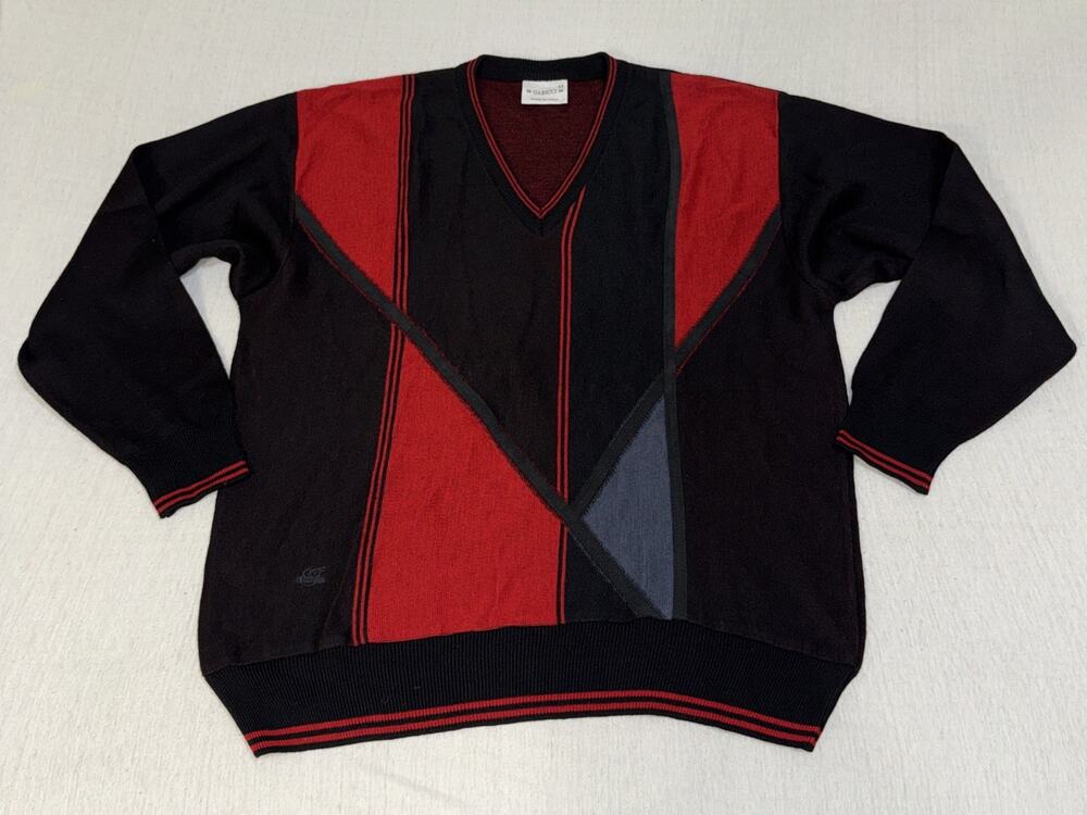 Gabicci Knit Jumper 90s Retro Patterned Wool Blend Black Red Sweater Mens XL EUC